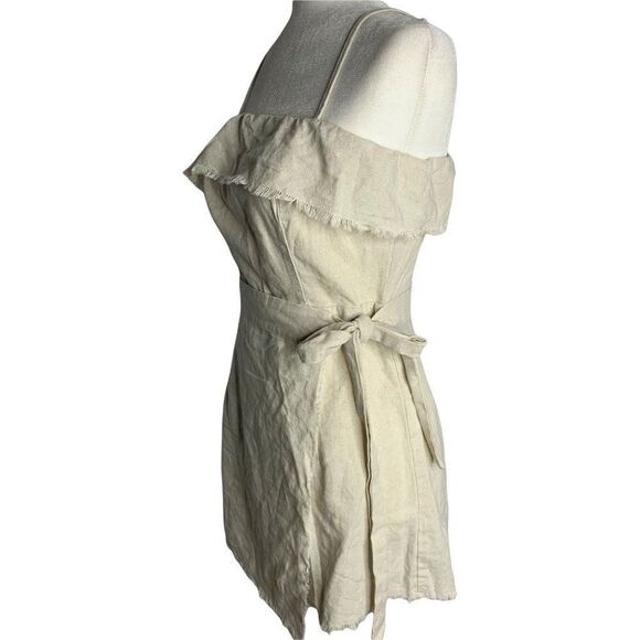 Princess Polly Linen Rally Romper 2 Beige Adjustable Straps Faux Wrap Tie Waist - Picture 6 of 8
